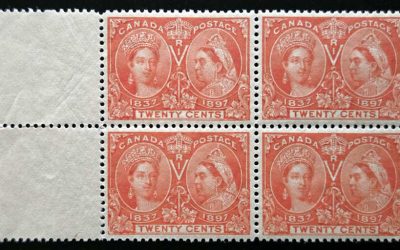 Canada #59 VF 2 NH Mint 1897 left margin 20c Jubilee Block (4)