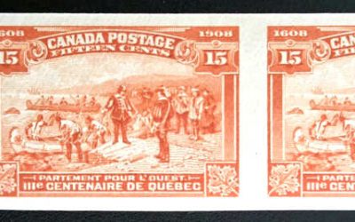 Canada #102a VFNH 1908 15c Quebec wing margin Imperforate Pair, 100 pairs printed