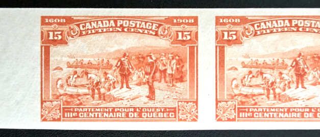 Canada #102a VFNH 1908 15c Quebec wing margin Imperforate Pair, 100 pairs printed