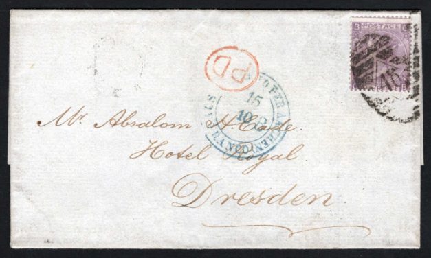 G.B. #50 14 Oct 1868 6d Plate 6 London/Dresden FLS