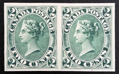 Canada #20TCiii VF 1864 2c Green Trial Colour Plate Proof Pair, engraver’s slip, india paper mounted on card