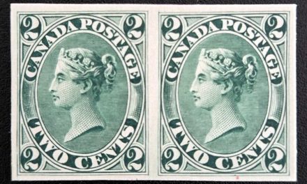 Canada #20TCiii VF 1864 2c Green Trial Colour Plate Proof Pair, engraver’s slip, india paper mounted on card