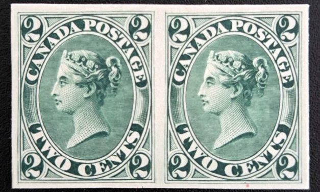 Canada #20TCiii VF 1864 2c Green Trial Colour Plate Proof Pair, engraver’s slip, india paper mounted on card