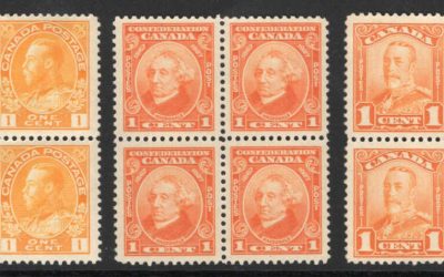 Canada #105, 141, 149 Mint 10 NH 1922/28 1c Block trio $132. (12)
