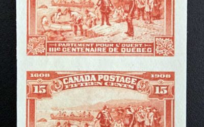 Canada #102i VF Unu 1908 15c Quebec shade Imperforate Pair, 100 pairs printed