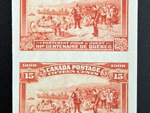 Canada #102i VF Unu 1908 15c Quebec shade Imperforate Pair, 100 pairs printed