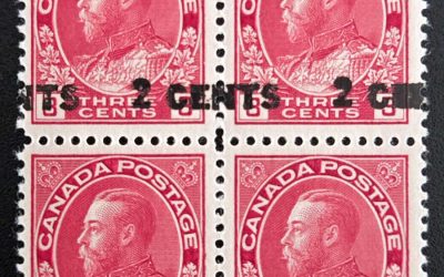 Canada #139i VF Mint 2 NH 1926 2c on 3c Shifted Surcharge Block, ex Lussey (4)