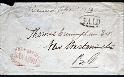 B.C. 1864 P.O. Nanaimo Paid Oval Cunningham Cover, ex Wellburn