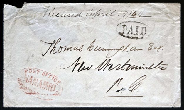 B.C. 1864 P.O. Nanaimo Paid Oval Cunningham Cover, ex Wellburn