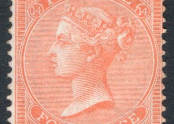 Great Britain #43 Fine 1873 issued 4d vermilion Queen Victoria, plate 14, Large Garter Watermark