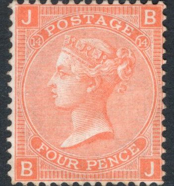 Great Britain #43 Fine 1873 issued 4d vermilion Queen Victoria, plate 14, Large Garter Watermark