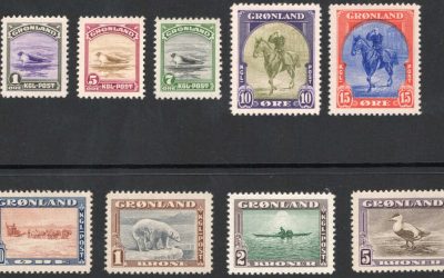 Greenland #10-18. Complete mint hinged set of the 1945 Pictorial series of 9 stamps