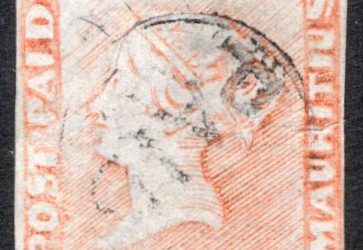 Mauritius #3e 1859 issued 1p orange, Queen Victoria imperforate, used with “PAID” in circle postmark
