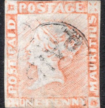 Mauritius #3e 1859 issued 1p orange, Queen Victoria imperforate, used with “PAID” in circle postmark