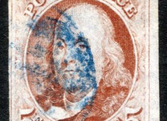 USA #1 1847 issued 5c Franklin imperforate, with blue postmark