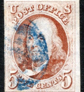 USA #1 1847 issued 5c Franklin imperforate, with blue postmark