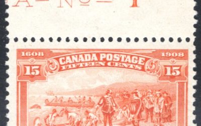 Canada #102 VF Mint 1908 top margin Plate 1 imprint 15c Quebec 2025-2026 Unitrade