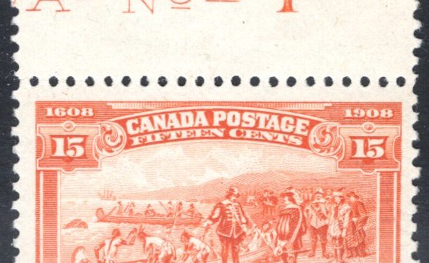 Canada #102 VF Mint 1908 top margin Plate 1 imprint 15c Quebec 2025-2026 Unitrade
