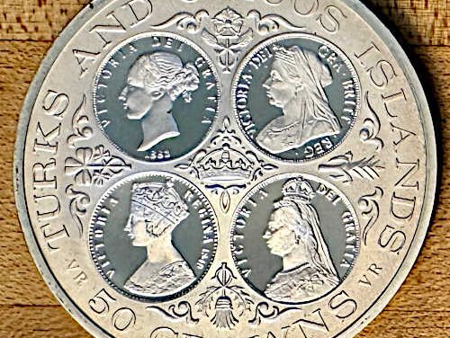 Turks & Caicos Proof 1976 Queen Victoria Cameo Silver 50 Crowns, 2908 minted 1.641oz ASW