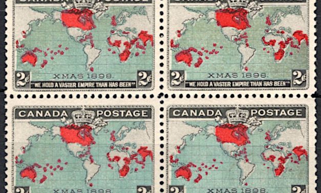 Canada #86b Block of four of the 1898 Map Stamp with deep blue oceans