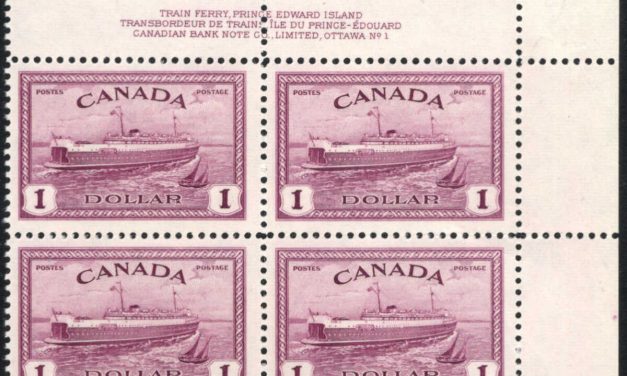 Canada #273 UR plate block of the 1946 George VI Peace issue $1.00 Train Ferry