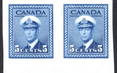 Canada #255a 1942 War Issue, 5c blue sheet-margin imperforate pair