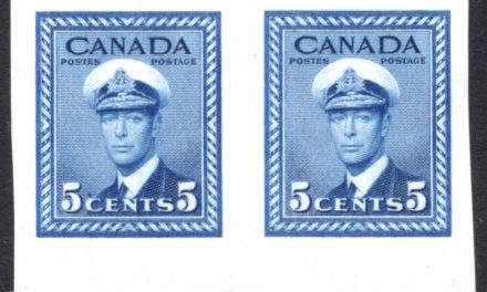 Canada #255a 1942 War Issue, 5c blue sheet-margin imperforate pair