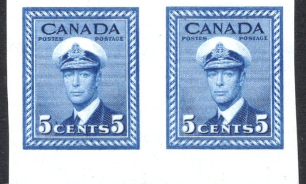 Canada #255a 1942 War Issue, 5c blue sheet-margin imperforate pair