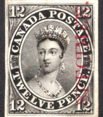 Canada #3Pi 1851 Queen Victoria 12d black Proof “SPECIMEN” overprint