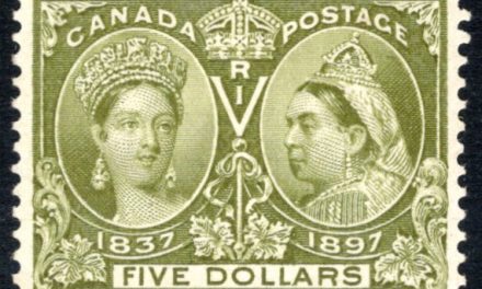 Canada #65 1897 issued $5.00 olive green, QV Jubilee