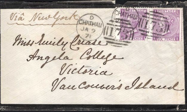 Canada Covers. British Columbia. Victoria BC 1871 / 1879 / 1881 trio of incoming covers the Crease, O’Reilly and Helmcken families