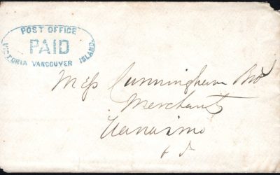 Canada. British Columbia. Nanaimo BC ca1862 incoming cover, from Victoria with “Post Office PAID, Victoria Vancouver Island” oval in blue.