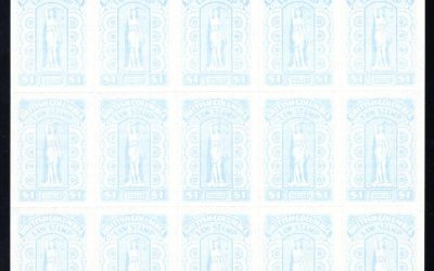 British Columbia Revenue complete pane of 25 from the 1981 thirteenth series “Standing Justice” provincial law stamp
