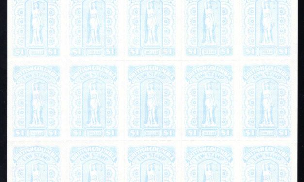 British Columbia Revenue complete pane of 25 from the 1981 thirteenth series “Standing Justice” provincial law stamp
