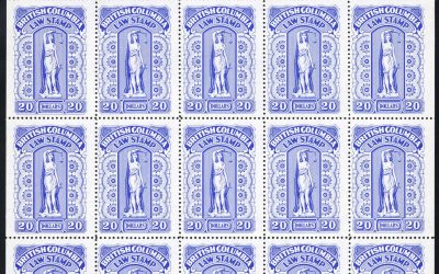 Canada Revenues. BCL58 (x24), BCL 58a. Complete pane of 25 of the $20.00 blue, high-value from the 1958-1970 eleventh issue Law Stamp