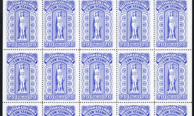 Canada Revenues. BCL58 (x24), BCL 58a. Complete pane of 25 of the $20.00 blue, high-value from the 1958-1970 eleventh issue Law Stamp