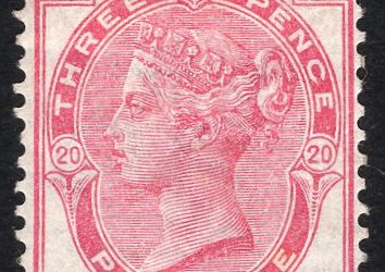 Great Britain #83 Fine part original-gum mint Hinged example of the seldom seen PLATE 20, 1881 Queen Victoria 3p rose. US$1,050.00
