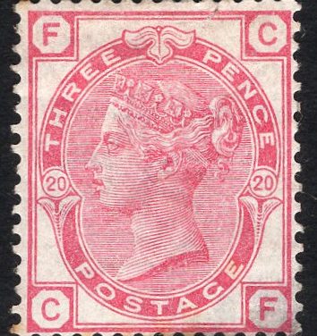Great Britain #83 Fine part original-gum mint Hinged example of the seldom seen PLATE 20, 1881 Queen Victoria 3p rose. US$1,050.00