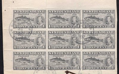 Newfoundland #233i. Used corner block of 9 on piece of the 1937 issued 1c grey black “Codfish” with position 23 “Fish-Hook” listed variety