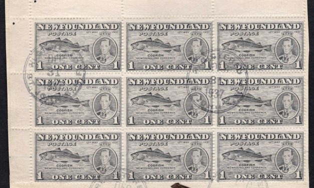 Newfoundland #233i. Used corner block of 9 on piece of the 1937 issued 1c grey black “Codfish” with position 23 “Fish-Hook” listed variety