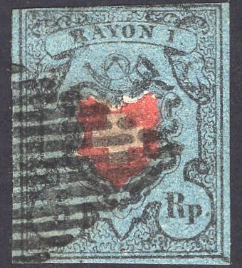 Switzerland #7. VF/Fine example of the 1850 Federal Administration “Coat of Arms” with no-frame around cross