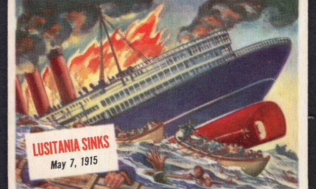 Lusitania Sinks 1915 Cigarette or Gum Card. Fiery illustration of the tragic sinking