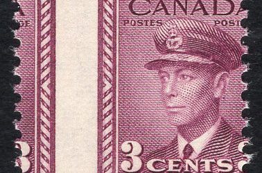 Canada #252 Misperf Error. Attractive mint Never Hinged misperforated 1943 issued 3c rose violet George VI issue