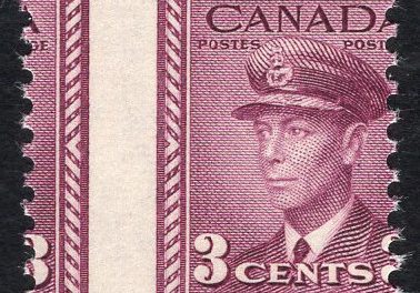 Canada #252 Misperf Error. Attractive mint Never Hinged misperforated 1943 issued 3c rose violet George VI issue