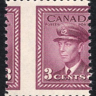 Canada #252 Misperf Error. Attractive mint Never Hinged misperforated 1943 issued 3c rose violet George VI issue