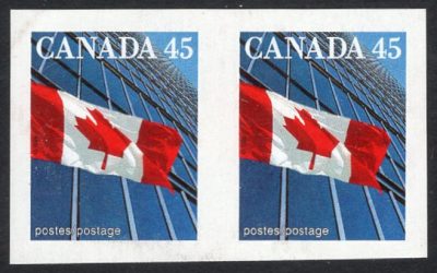 Canada #1362c VF mint Never Hinged imperforate pair of the 1998 “Flag over Building” issue. Only one pane known to be found