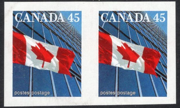 Canada #1362c VF mint Never Hinged imperforate pair of the 1998 “Flag over Building” issue. Only one pane known to be found