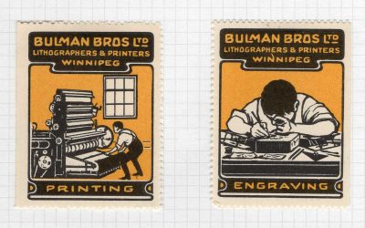 Canada Cinderella Stamps. Bulman Bros, Winnipeg MB. Group of 6 different Lithography/Printing themed labels, mounted on page