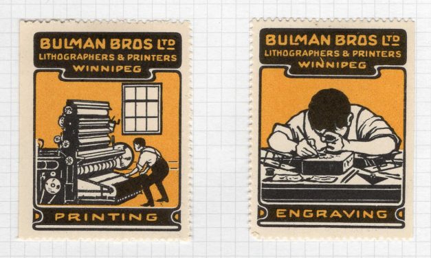 Canada Cinderella Stamps. Bulman Bros, Winnipeg MB. Group of 6 different Lithography/Printing themed labels, mounted on page