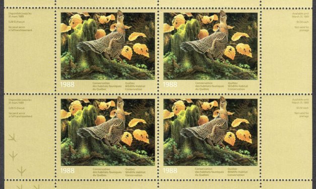 Canada #QW1 VF mint Never Hinged complete sheet of four of the 1988 Quebec Wildlife Habitat Conservation stamp